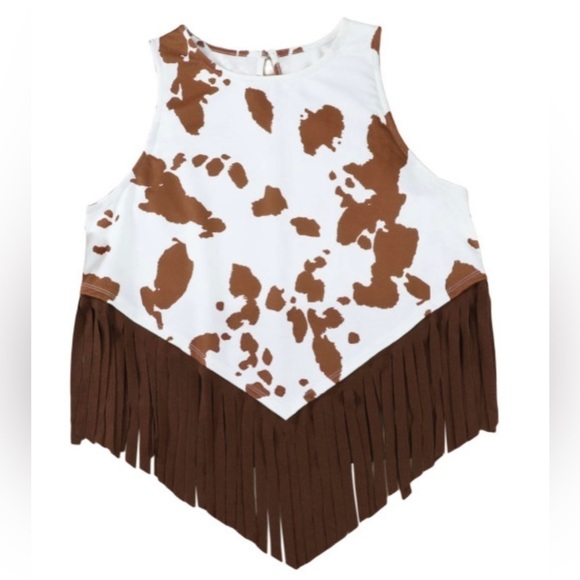 White Cow Printed Fringe Hem Tank Top - Picture 4 of 4